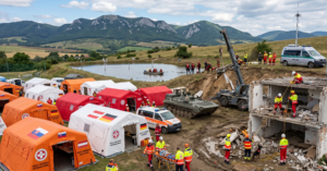 Letecký pohľad na vybudovanú základňu (Base of Operations) samaritánskych tímov v obci Veľké Ripňany počas cvičenia FTX 2026, zobrazujúci stany poľnej ošetrovne, technické zázemie a zásahové vozidlá v koordinovanom usporiadaní.