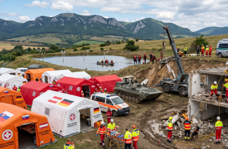 Letecký pohľad na vybudovanú základňu (Base of Operations) samaritánskych tímov v obci Veľké Ripňany počas cvičenia FTX 2026, zobrazujúci stany poľnej ošetrovne, technické zázemie a zásahové vozidlá v koordinovanom usporiadaní.