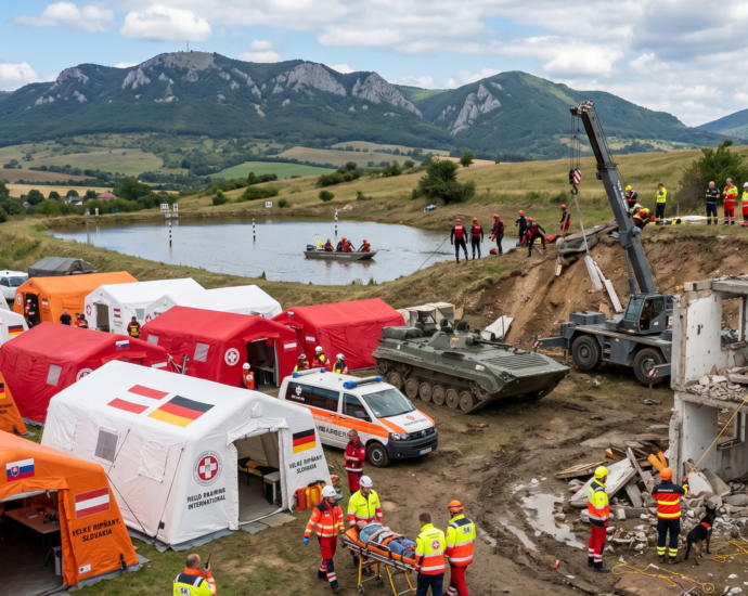 Letecký pohľad na vybudovanú základňu (Base of Operations) samaritánskych tímov v obci Veľké Ripňany počas cvičenia FTX 2026, zobrazujúci stany poľnej ošetrovne, technické zázemie a zásahové vozidlá v koordinovanom usporiadaní.