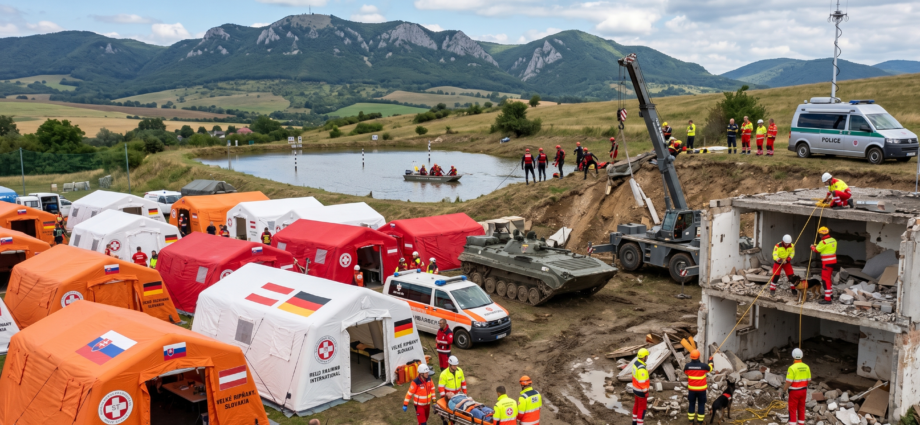 Letecký pohľad na vybudovanú základňu (Base of Operations) samaritánskych tímov v obci Veľké Ripňany počas cvičenia FTX 2026, zobrazujúci stany poľnej ošetrovne, technické zázemie a zásahové vozidlá v koordinovanom usporiadaní.