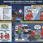 Komplexná vzdelávacia infografika v štýle kresleného komiksu, ktorá vizualizuje analýzu bakalárskej práce o manažmente pacientov pod vplyvom alkoholu v prednemocničnej starostlivosti na Slovensku. Obrázok je rozdelený na štyri hlavné panely s názvami v slovenčine. Prvý panel vľavo hore zobrazuje klinický profil a riziká, druhý vpravo hore empirické štatistiky o frekvencii výjazdov a bezpečnosti záchranárov, tretí vľavo dole navrhované legislatívne a technické riešenia a štvrtý, dominantný panel v strede dole s názvom „Poznámka autora (Revidované odporúčania)“, názorne ilustruje špecifický problém „vynútenej služby“ a právnu bariéru pri vymáhaní nákladov od pacienta, ktorého nahlásil náhodný svedok a ktorý pomoc odmieta. Celá scéna je zasadená do atmosféry nočného slovenského mesta s ambulanciami ZZS.