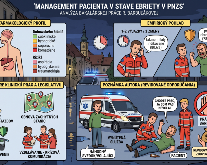 Komplexná vzdelávacia infografika v štýle kresleného komiksu, ktorá vizualizuje analýzu bakalárskej práce o manažmente pacientov pod vplyvom alkoholu v prednemocničnej starostlivosti na Slovensku. Obrázok je rozdelený na štyri hlavné panely s názvami v slovenčine. Prvý panel vľavo hore zobrazuje klinický profil a riziká, druhý vpravo hore empirické štatistiky o frekvencii výjazdov a bezpečnosti záchranárov, tretí vľavo dole navrhované legislatívne a technické riešenia a štvrtý, dominantný panel v strede dole s názvom „Poznámka autora (Revidované odporúčania)“, názorne ilustruje špecifický problém „vynútenej služby“ a právnu bariéru pri vymáhaní nákladov od pacienta, ktorého nahlásil náhodný svedok a ktorý pomoc odmieta. Celá scéna je zasadená do atmosféry nočného slovenského mesta s ambulanciami ZZS.