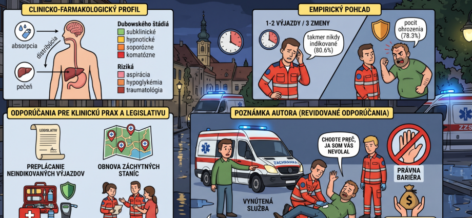 Komplexná vzdelávacia infografika v štýle kresleného komiksu, ktorá vizualizuje analýzu bakalárskej práce o manažmente pacientov pod vplyvom alkoholu v prednemocničnej starostlivosti na Slovensku. Obrázok je rozdelený na štyri hlavné panely s názvami v slovenčine. Prvý panel vľavo hore zobrazuje klinický profil a riziká, druhý vpravo hore empirické štatistiky o frekvencii výjazdov a bezpečnosti záchranárov, tretí vľavo dole navrhované legislatívne a technické riešenia a štvrtý, dominantný panel v strede dole s názvom „Poznámka autora (Revidované odporúčania)“, názorne ilustruje špecifický problém „vynútenej služby“ a právnu bariéru pri vymáhaní nákladov od pacienta, ktorého nahlásil náhodný svedok a ktorý pomoc odmieta. Celá scéna je zasadená do atmosféry nočného slovenského mesta s ambulanciami ZZS.