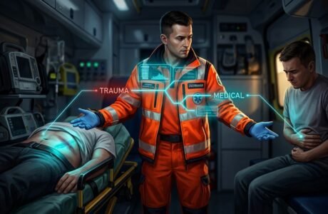 Záchranár vyšetruje brucho pacienta po dopravnej nehode