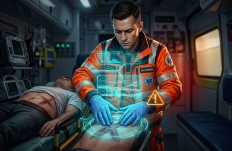 Záchranár vyšetruje brucho komplikovaného pacienta